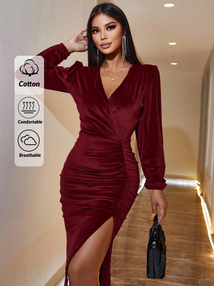 EURMUSE Surplice Neck Ruched Split Thigh Velvet Dress - Burgundy - View 1