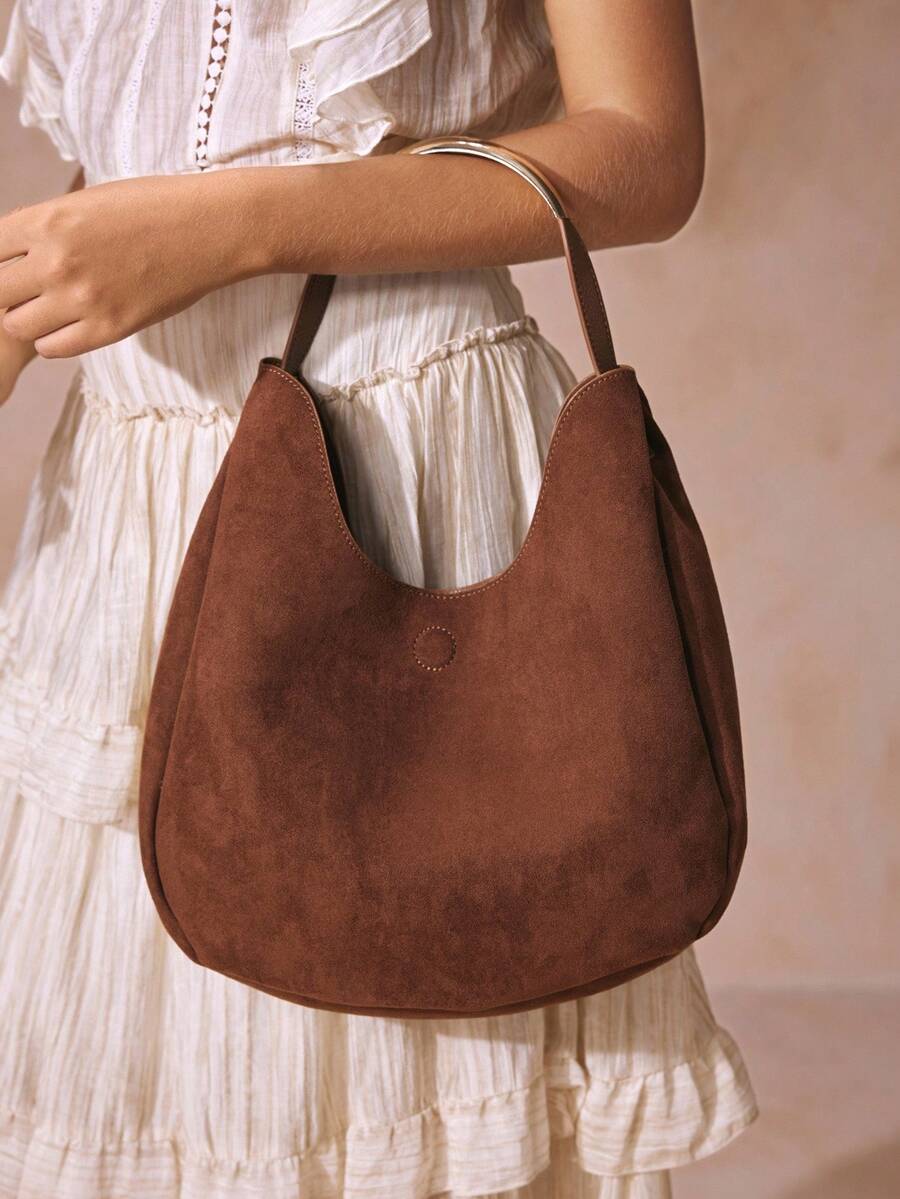 SHECARRY Túi đeo vai nữ, Túi Hobo, Da lộn, Khóa trang trí phần cứng, Thời trang, Thanh lịch, Đơn giản, Cá nhân hóa, Đa năng, Cổ điển, Đi làm, Văn phòng, Hẹn hò, Hàng ngày, Mua sắm, Trà chiều - màu nâu - Xem 1