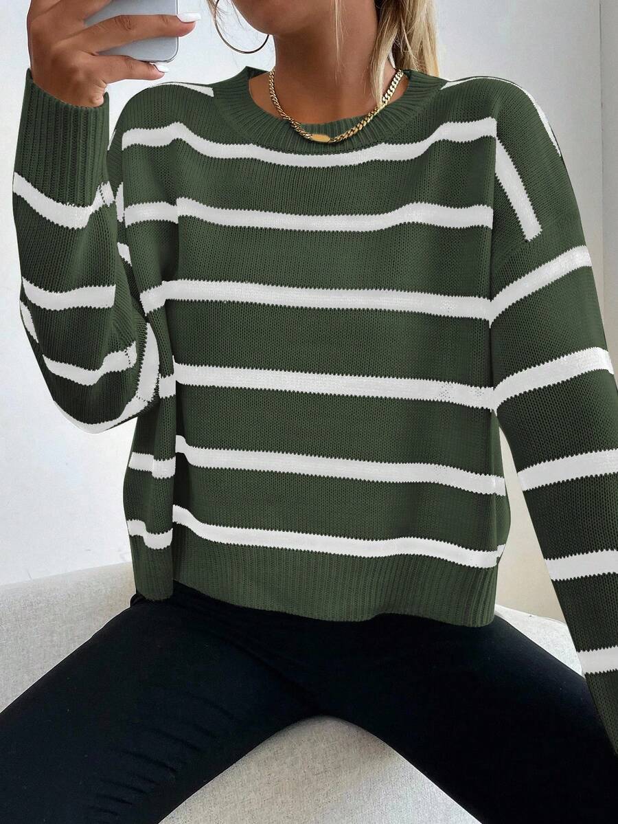 SHEIN Unity Casual Round Neck Black & White Striped Pullover Sweater, College Style - Olive Green - View 1