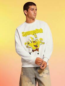 SpongeBob SquarePants | SHEIN Men Letter & Cartoon Pattern Long Sleeve Pullover Sweatshirt , Fall - White - View 3