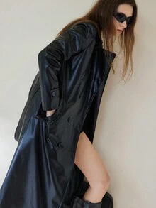 GENKIRA Cappotto lungo in pelle PU con colletto alla coreana, doppio petto, cintura, tinta unita, stile europeo e americano, versatile - nero - Visualizzare 2