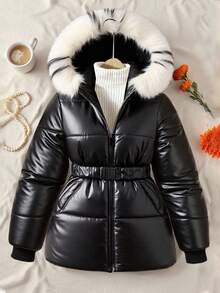 SHEIN Teen Girl Waist Cinched Padded Coat, Shiny Black Hooded Coat With Faux Fur Collar Fall Winter - Black - View 2