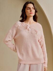 Anewsta Suéter elegante y de alta gama para mujer con manga larga, diseño de flores 3D huecas hecho a mano, suave y juvenil, para otoño/invierno