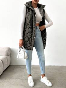 EURMUSE Zip Up Snap Button Hooded Vest Quilted Coat - Black - View 4