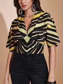 JIAN LASALA Striped Print V-Neck Batwing Sleeve Ruched Waist Women Top Autumn Casual Wear Fall For Women Going Out Party Top New Year Wedding Guest Luxury - Multicolor - View 4