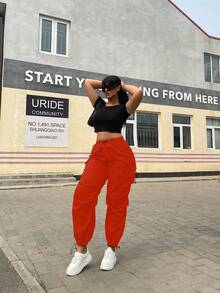 POPSWAY Quần Cargo nhiều túi màu trơn thường ngày cỡ lớn có dây rút - trái cam - Xem 7