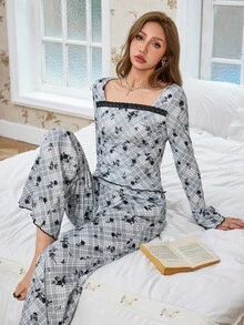 CottageSlumber Pijamale pentru femei, casual, cu guler pătrat, în carouri și imprimeu floral cu mânecă lungă, tricou și pantaloni, set de pijamale florale, pijamale pentru femei, set de pijamale cu mânecă lungă, set de lenjerie de pat