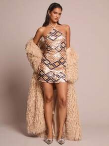 Glamine 女式几何亮片性感露背夏季紧身连衣裙 - 紫色 - 查看 3