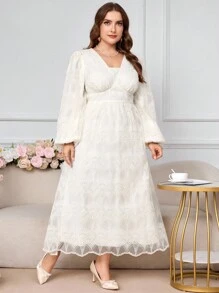 Modelyn Vestido de Renda de Cor Sólida Elegante para Festa em Plus Size - Damasco - Visão 4