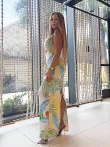 Cioccolato Women's Tropical Plant Print Hollow-Out Sexy Tie Neck Dress, Vacation Wear