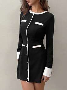 SHEIN Unity Vestido elegante de punto de manga larga con cintura ceñida y decoración de botones de perla para uso diario - Negro - Ver 3