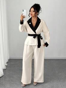 Elenzga 大码女式时尚撞色优雅长袖翻领夹克和裤子套装，两件套