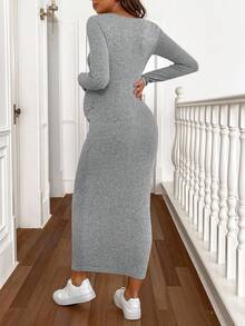 SHEIN Maternity Casual Versatile Fitted Long Dress Long Sleeve Maternity Dress Pregnant Dress Ribbed Maternity Dress Maternity Dress Maternity Clothes Fall Winter - Grey - View 2