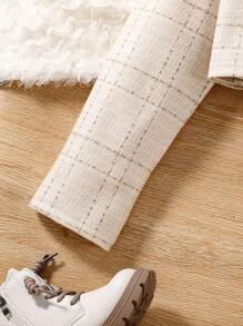 SHEIN 3pcs Girls Tween Girl Plaid Pattern Button Front Herringbone Skirt Suit Set, Elegant Long Sleeve Round Neck Jacket And Solid Color Round Neck Top