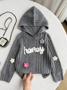 Young Girl Casual Letter & Floral Decor Hooded Sweater, Autumn/Winter - Grey - View 1