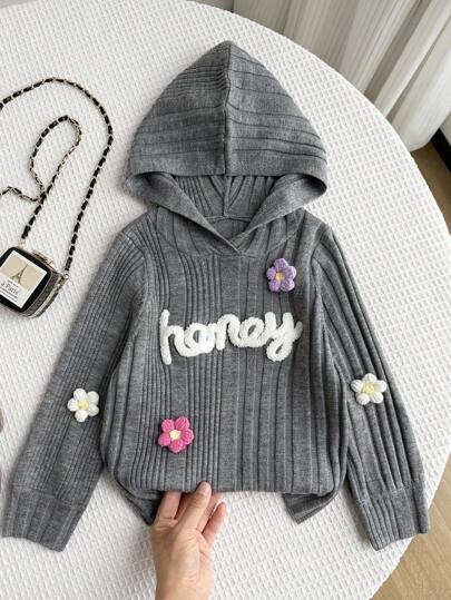 Young Girl Casual Letter & Floral Decor Hooded Sweater, Autumn/Winter