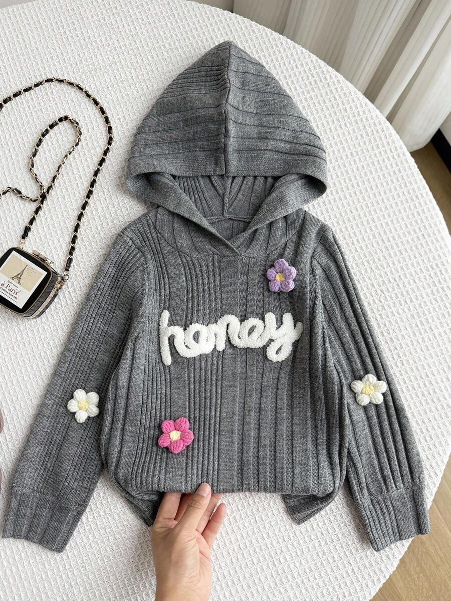 Young Girl Casual Letter & Floral Decor Hooded Sweater, Autumn/Winter - Grey - View 1