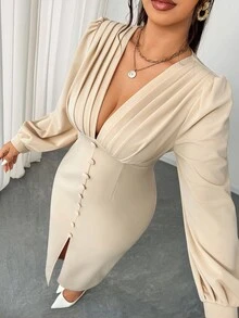 Elenzga Đầm maxi dài tay xếp ly cổ chữ V chất liệu voan mỏng, tay dài, thắt lưng, trang trí tiệc tùng hàng ngày, thanh lịch, lãng mạn, cỡ lớn dành cho nữ, mùa xuân/thu - Màu be - Xem 3