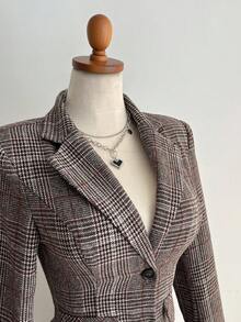 Elamini 2pcs Women's Houndstooth Wool Blend Notched Collar Asymmetric Hem Blazer & A-Line Pleated Skirt Suit Set, Casual/Work Wear - Multicolor - View 4