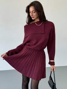 Aloruh 秋季女装酒红色毛呢连衣裙收腰褶皱A字修身针织连衣裙长袖单肩斜肩毛衣裙冬季女装 - 酒紅色 - 查看 5