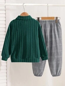 2pcs/Set Young Boys Fashionable Textured Sweatshirt & Plaid Pants,Comfortable Preppy Outfits For Autumn,School,Back-To-School First Day,Daily Wear - Dark Green - View 3