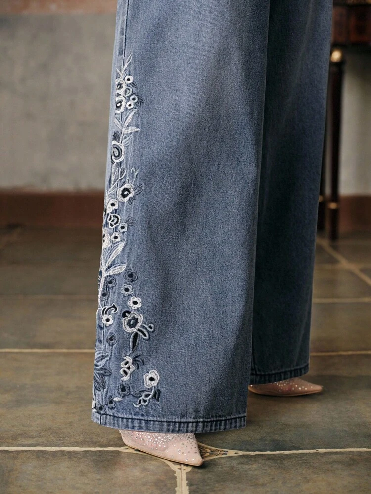 우아한 자수 여성용 블루 진