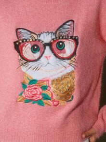 Anewsta Áo len cổ tròn thêu họa tiết mèo anh đào phong cách Pháp giản dị mùa thu/đông cỡ lớn - Hồng - Xem 3