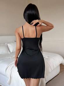 Black Sleeveless Mini Sleep Dress With Spaghetti Straps And Geometric Lettuce Trim Nightgown - Black - View 2