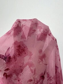 SHEIN Elenzya 女士优雅花卉透明喇叭袖蝴蝶结衬衫，秋季休闲长袖上衣 - 粉色 - 查看 7