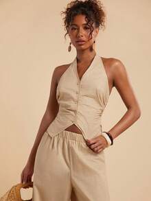 Travachic Completo casual da donna composto da top con collo alla coreana e pantaloni plissettati, monocolore, due pezzi - Cachi - Visualizzare 1