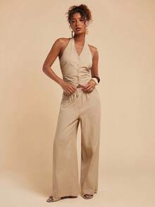 Travachic Completo casual da donna composto da top con collo alla coreana e pantaloni plissettati, monocolore, due pezzi - Cachi - Visualizzare 6