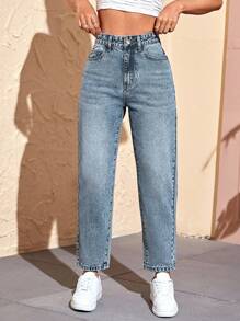SHEIN PETITE Women Front Button Pocket Casual Simple Denim Pants, Everyday Wear - Dusty Blue - View 4