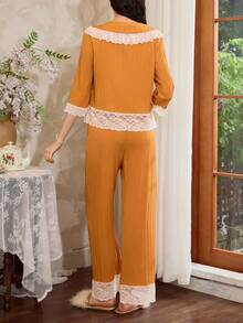 Côtesoire 法国南部优雅长袖和裤子女士睡衣套装，秋冬，秋季服装 - 黃色 - 查看 2