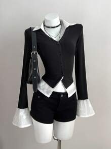 Elamini 1 件女式 V 领二合一腰部喇叭袖口长袖休闲/工作衬衫，黑色和白色 - 黑與白 - 查看 4