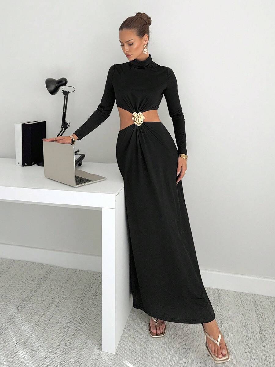 Siren Gaze Women's Black Gold Autumn Elegant High Neck Long Sleeve Hollow Out Metal Decor Maxi Dress,Old Money Style Dining Formal Chic Evening Party Dress - Black - View 1