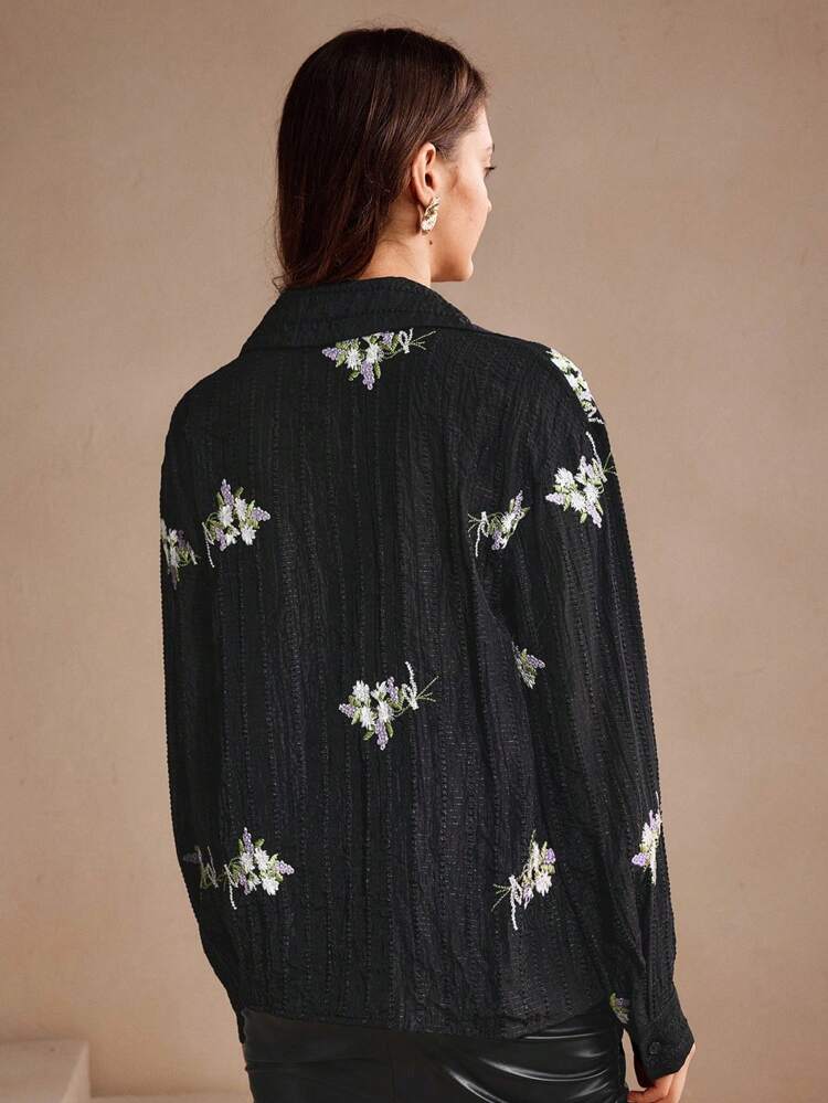 Women's Solid Color Textured Floral Embroidered Drop Shoulder Blouse