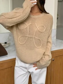 Livesso Women's Autumn 3D Knitted Crew Neck Sweater - Coffee Brown - View 4
