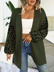 EMERY ROSE Plus Size Women Leopard Print Knit Casual Versatile Lantern Sleeve Cardigan Sweater Fall Winter Cloth For Women Autumn - Army Green - View 1