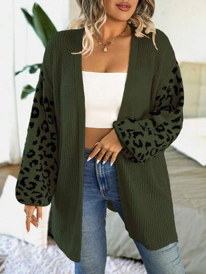 EMERY ROSE Plus Size Women Leopard Print Knit Casual Versatile Lantern Sleeve Cardigan Sweater Fall Winter Cloth For Women Autumn