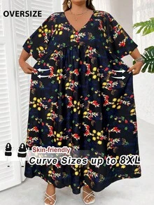 SHEIN CURVE+ 大码花卉印花休闲度假连衣裙夏季/乡村/海滩度假装/沙滩装/沙滩装 - 黑色 - 查看 3