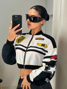 SHEIN ICON Women's Letter Printed Short Baseball Fall Clothes Women Jacket - Black and White - View 1