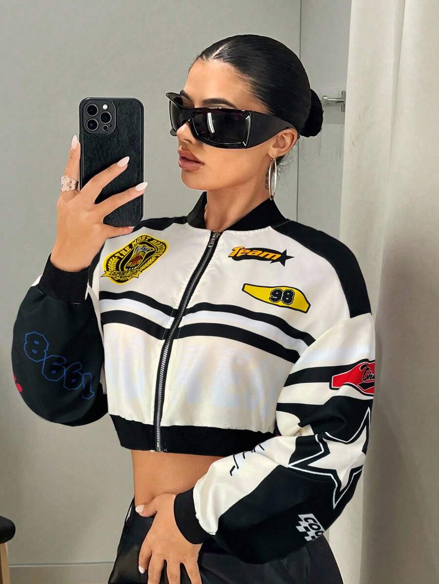 SHEIN ICON Women's Letter Printed Short Baseball Fall Clothes Women Jacket - Black and White - View 1