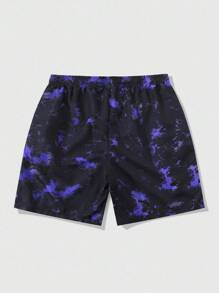 ROMWE MEN Street Life 男士扎染外星人与字母图案抽绳腰短裤，学校 - 彩色 - 查看 4