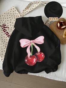 SHEIN Happikins Young Girls Casual Minimalist Comfortable Loose Fit Hooded Long Sleeve Thick Sweatshirt, Suitable For Autumn/Winter Fall - Black - View 1