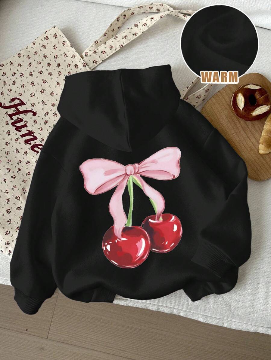 SHEIN Happikins Young Girls Casual Minimalist Comfortable Loose Fit Hooded Long Sleeve Thick Sweatshirt, Suitable For Autumn/Winter Fall - Black - View 1