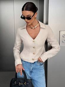 Siren Gaze Casual Commuter Solid Color Metal Buckle Waist Jacket In Fall/Winter - Apricot - View 5