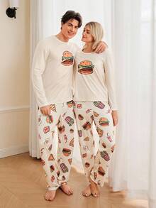SHEIN 汉堡和汽水印花长袖上衣和裤子睡衣套装，男士食品睡衣，快餐睡衣，汉堡睡衣，男士睡衣套装，秋冬服装 - 杏色 - 查看 6