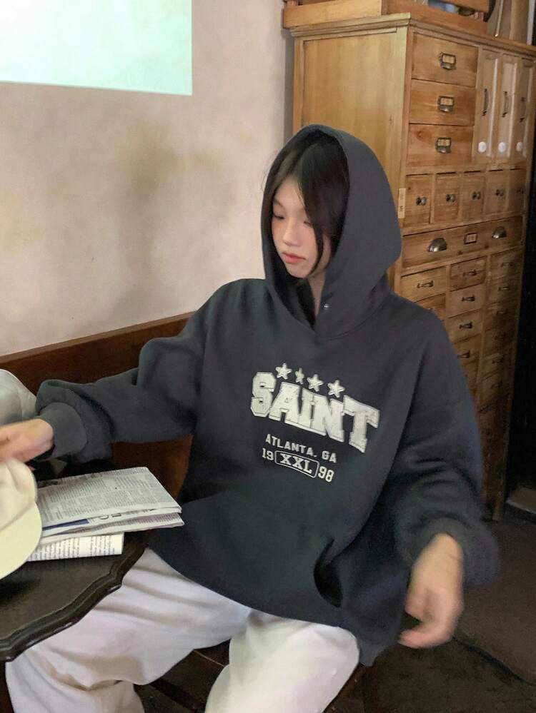 Women's Hooded English Text Casual Street Style Long Sleeve Sweatshirt