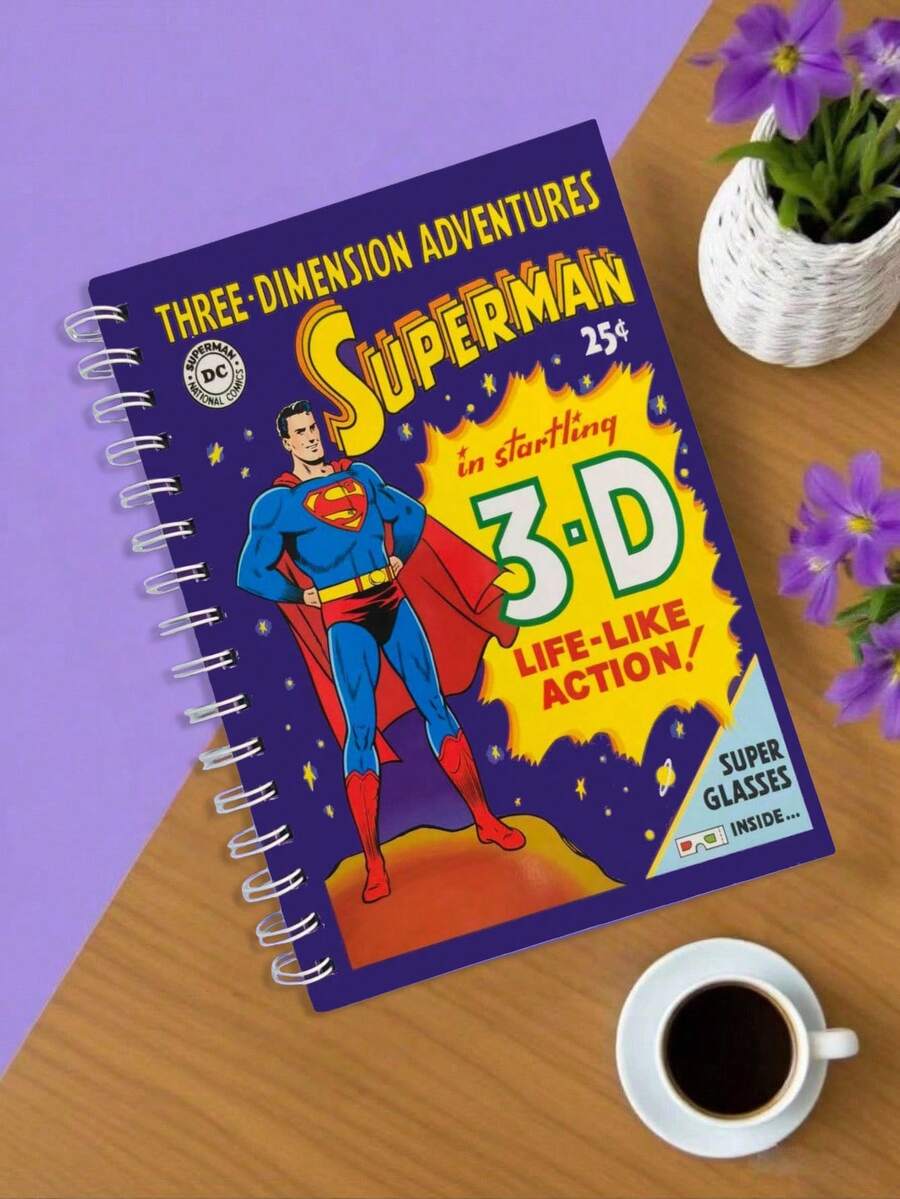 SUPERMAN X SHEIN 卡通人物图形笔记本 - 漫画 A5 空白笔记本，无线日记本，适合绘画和写作，可收藏 - 彩色 - 查看 1