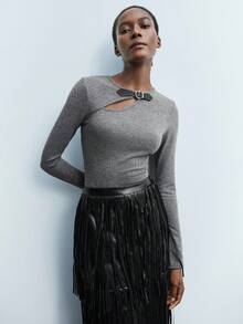 Maija Grey & Black Asymmetric Hollow-Out Leather Decor Design Casual Fitted Top For Women, Versatile,Fall For Women,Halloween,Chic Top Saudi National Day Casual Top For Women Party Office For Women Casual Tops For Women Grey Top Cut Out Top Grey Tops For Women - Dark Grey - View 7